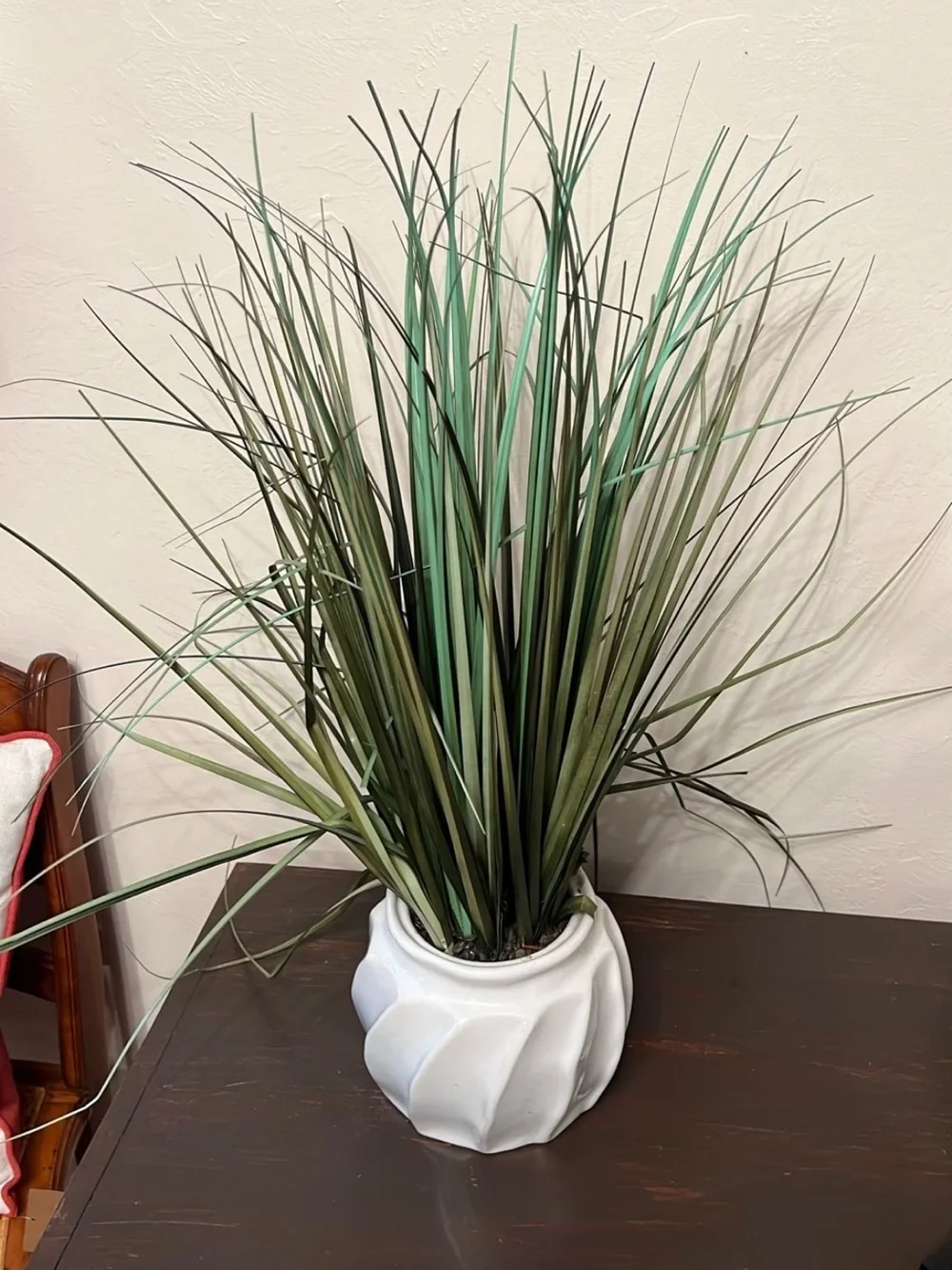 Artificial Green Grass Plant in White Swirl Ceramic Pot